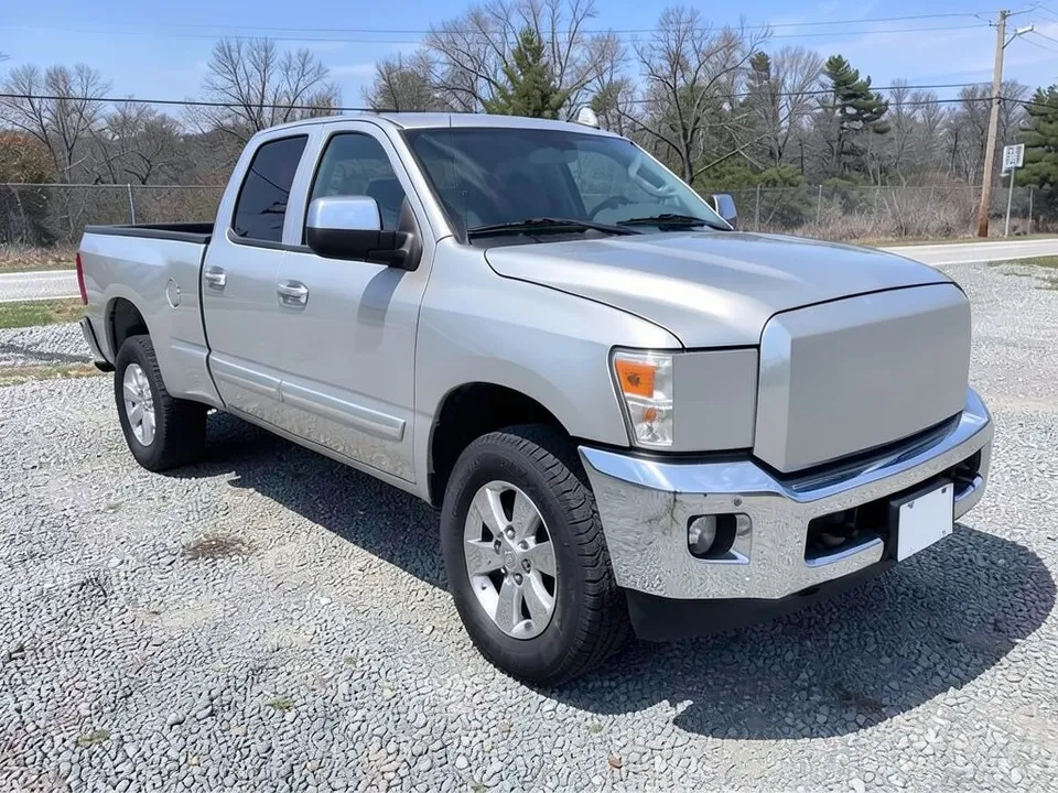 AI-drawn sample: a silver crew-cab pickup with a chrome bumper and grille on a gravel lot