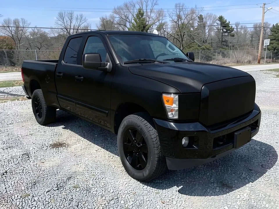 AI-drawn sample: the same pickup murdered out: black body, black wheels, black bumper and grille