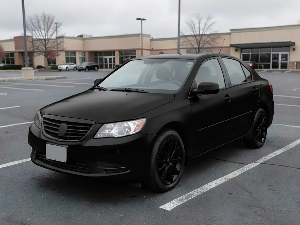 AI-drawn sample: the same sedan murdered out: black body, black wheels and black grille