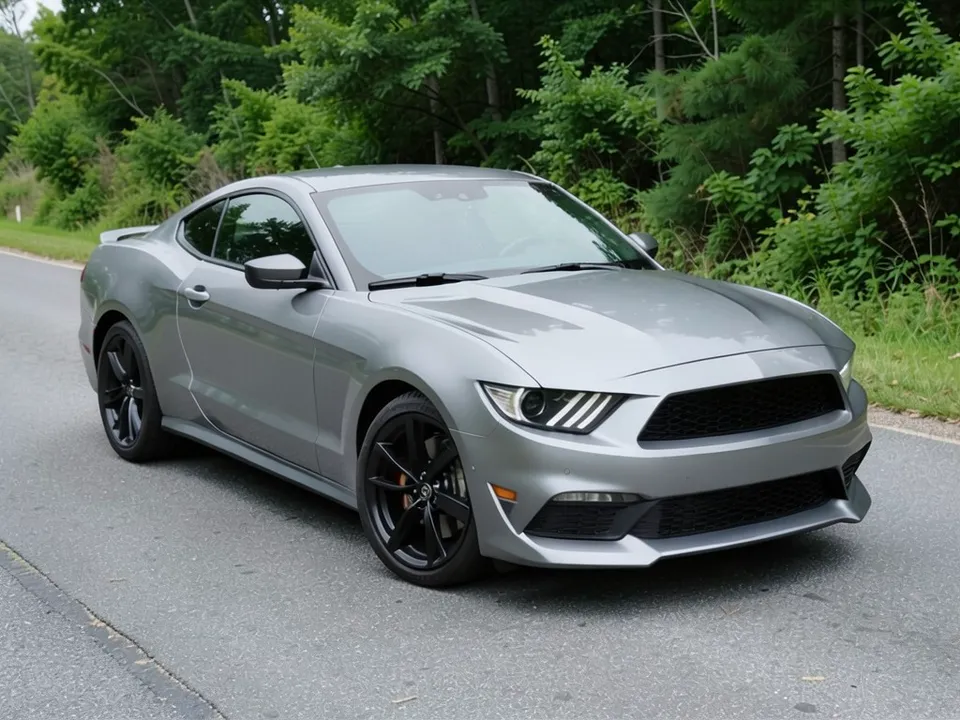 AI-generated sample: a silver gray generic sporty fastback coupe stand-in with black wheels on a road beside green trees