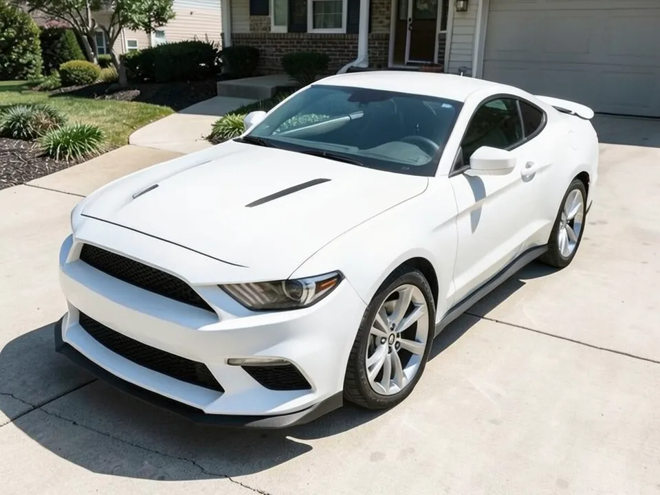 AI-generated sample: a white generic sporty fastback coupe stand-in with two black hood vents parked on a driveway in front of a house