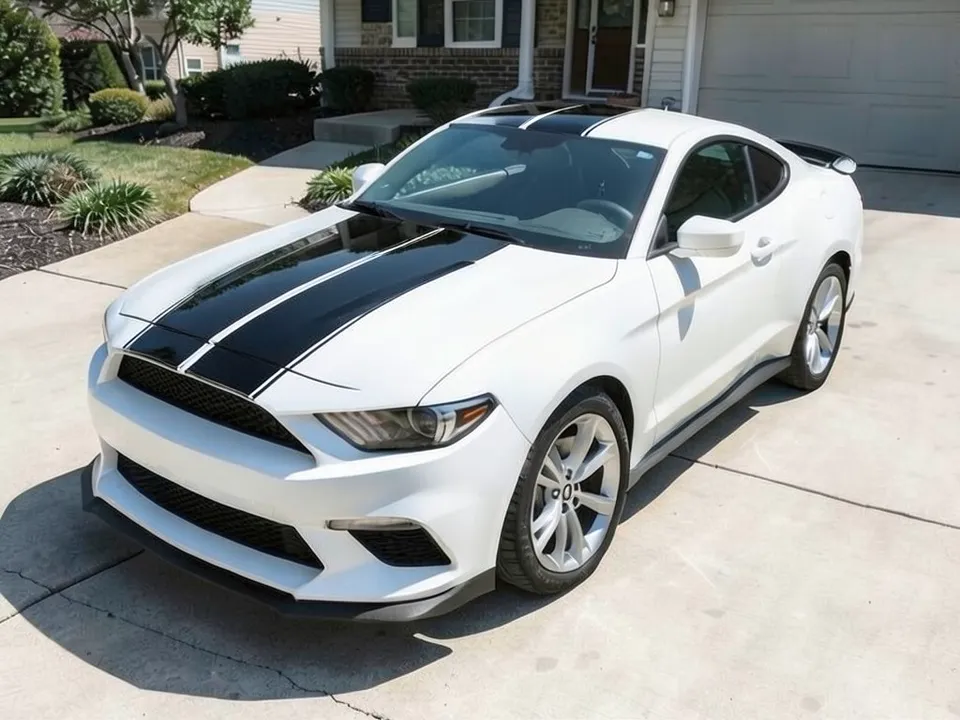 AI-generated sample: the same coupe with two gloss black stripes on the left half of the hood and a dark glossy panel over the roof