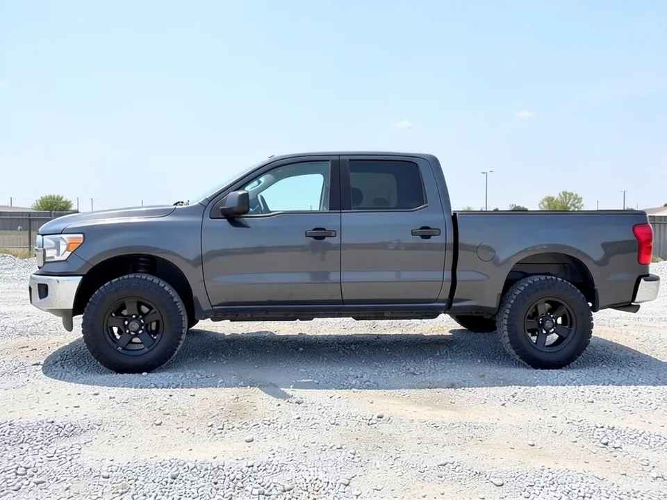 AI-drawn sample: a plain dark gray crew-cab pickup truck with black wheels, seen from the side on a gravel lot