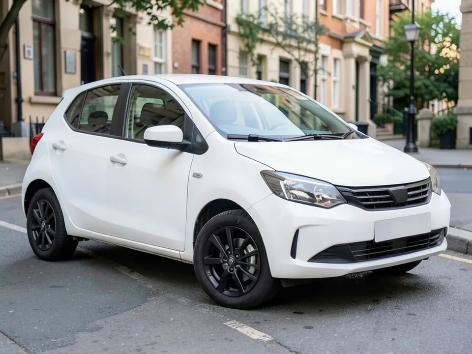 AI-drawn sample: a plain white compact hatchback with black wheels parked on a city street