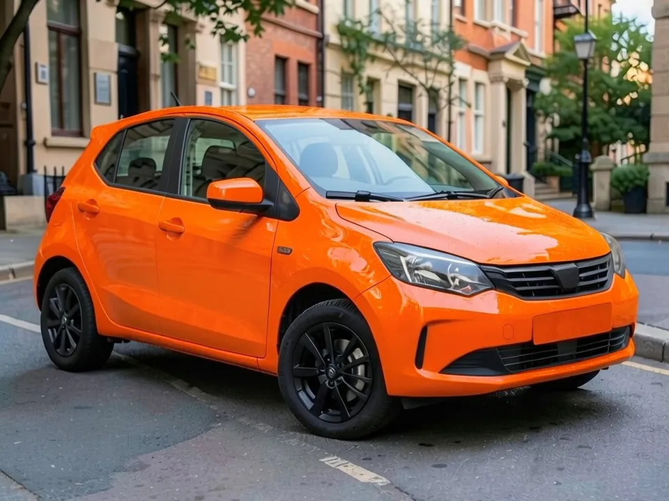AI-drawn sample: the same hatchback in a gloss bright orange wrap
