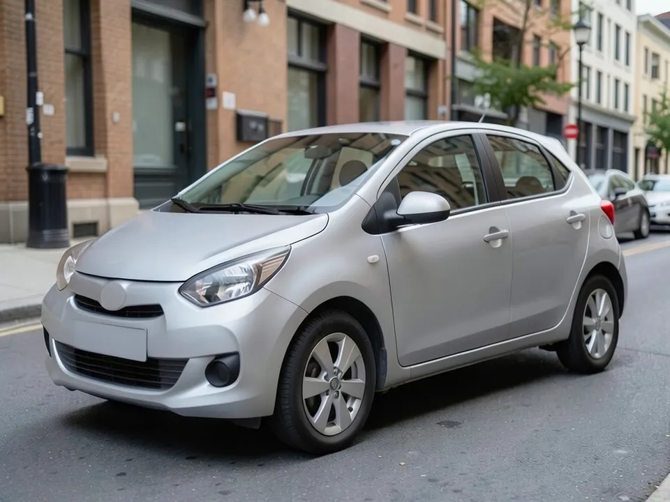 AI-drawn sample: a plain silver compact hatchback with silver wheels on a city street with other parked cars