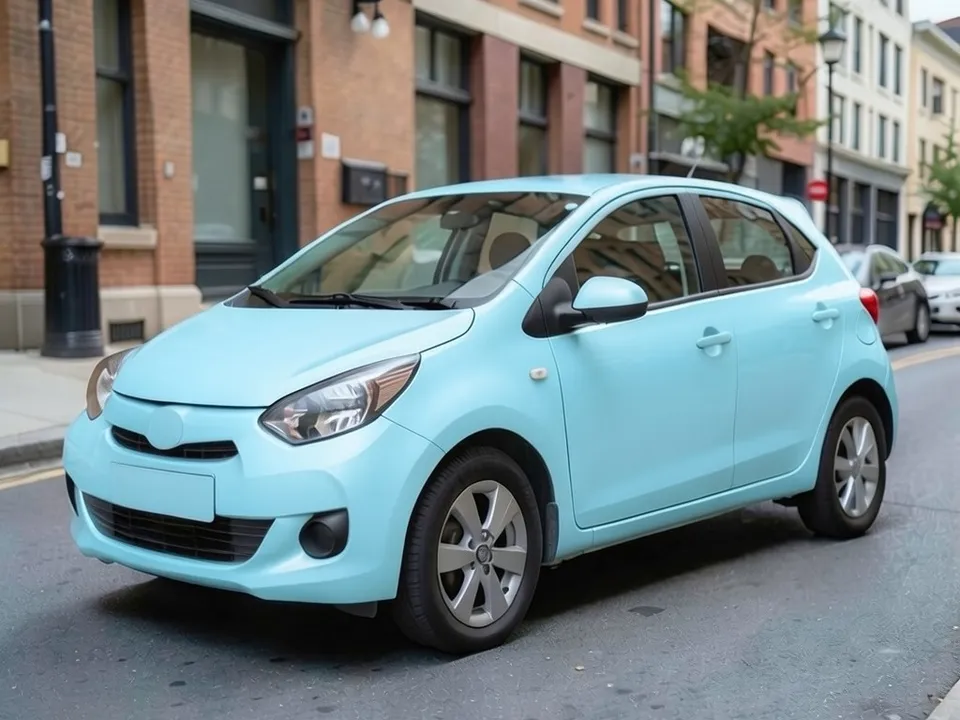 AI-drawn sample: the same hatchback in pastel baby blue paint
