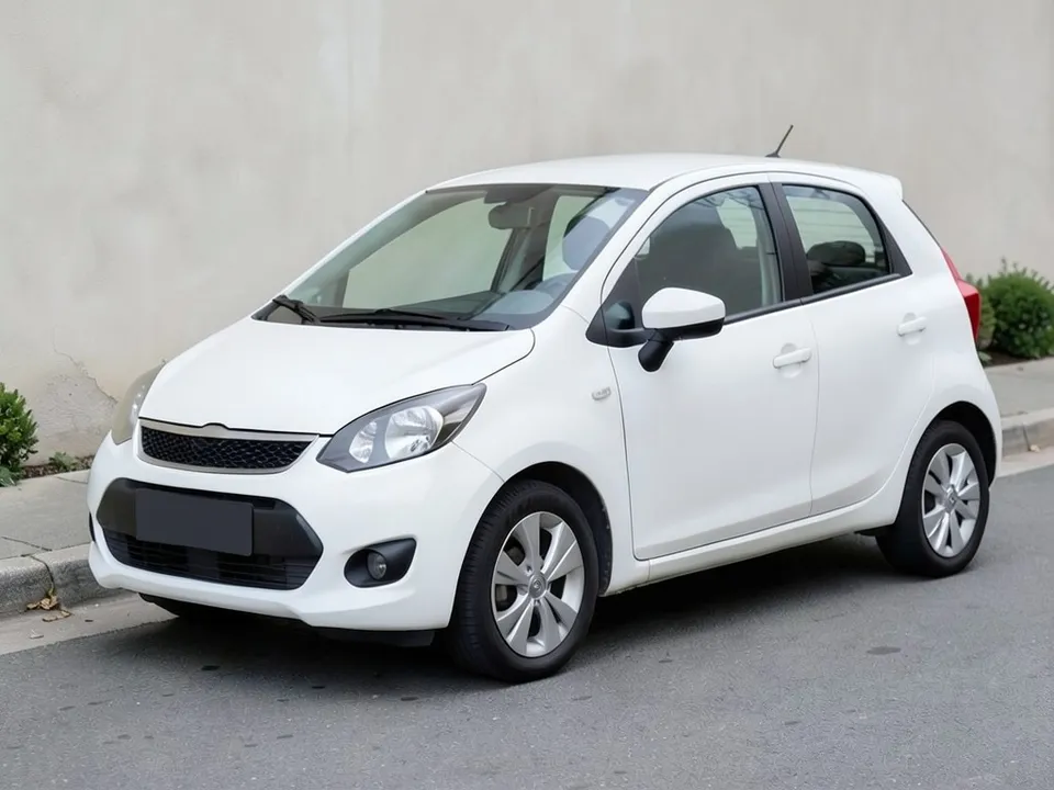 AI-drawn sample: a plain white small city hatchback with silver wheels parked by a plain wall