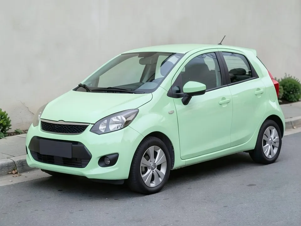 AI-drawn sample: the same hatchback in pastel mint green paint