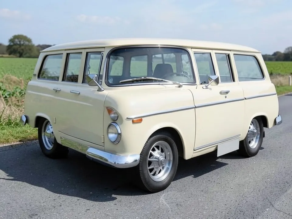 AI-drawn sample: a cream 1960s-style wagon on a country road