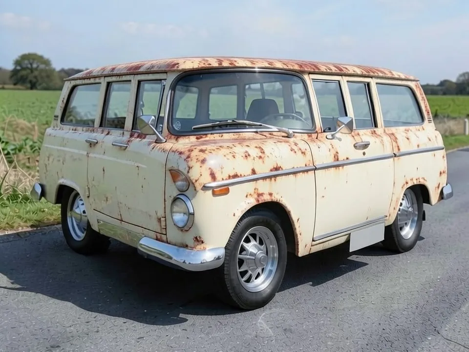 AI-drawn sample: the same wagon with faded paint and surface rust on the roof edges and lower panels