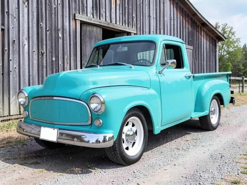 AI-drawn sample: a turquoise 1950s-style pickup in front of a wooden barn