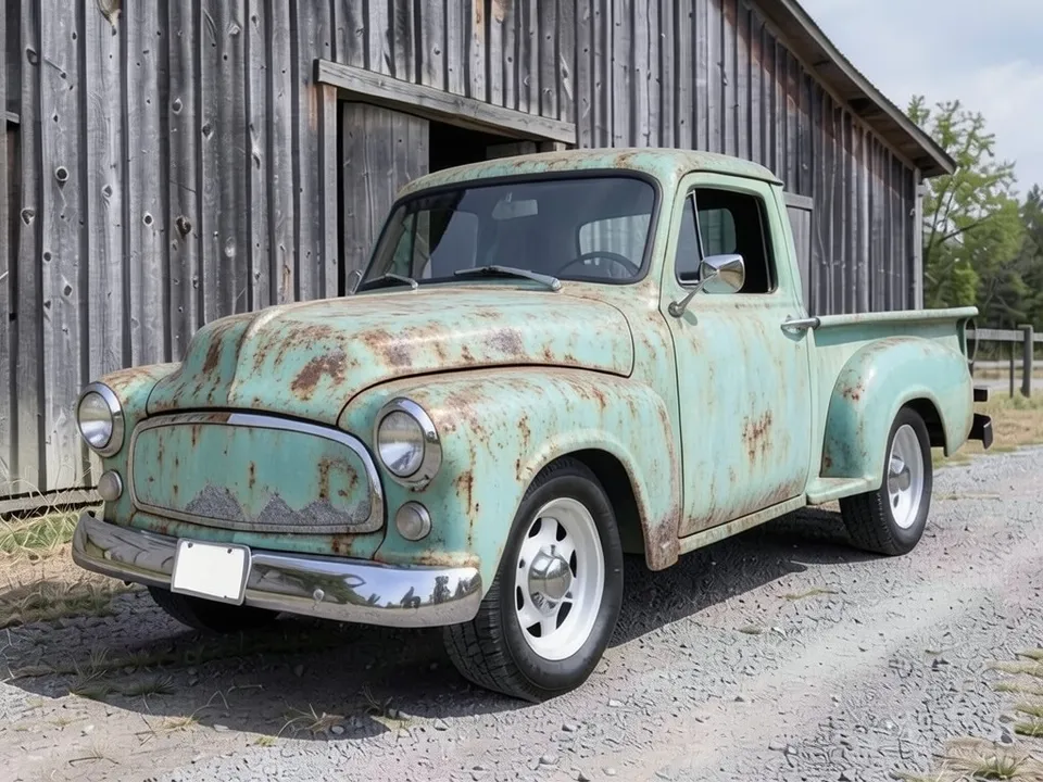 AI-drawn sample: the same pickup with faded paint, surface rust and primer patches