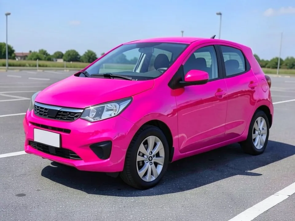 AI-drawn sample: the same hatchback in a gloss hot pink wrap