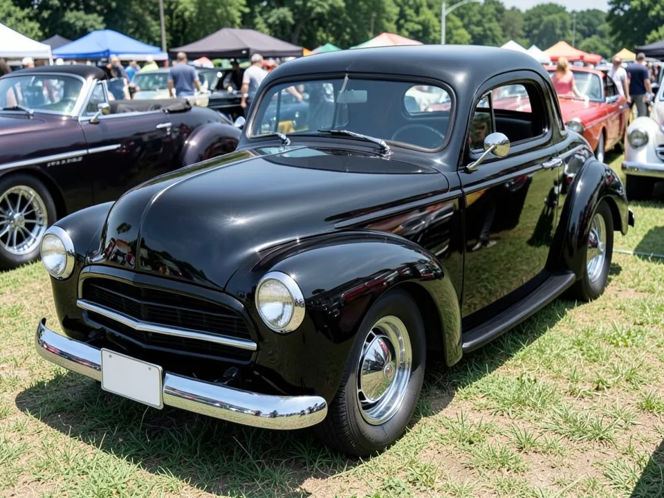 AI-drawn sample: a black 1950s-style coupe at an outdoor car show