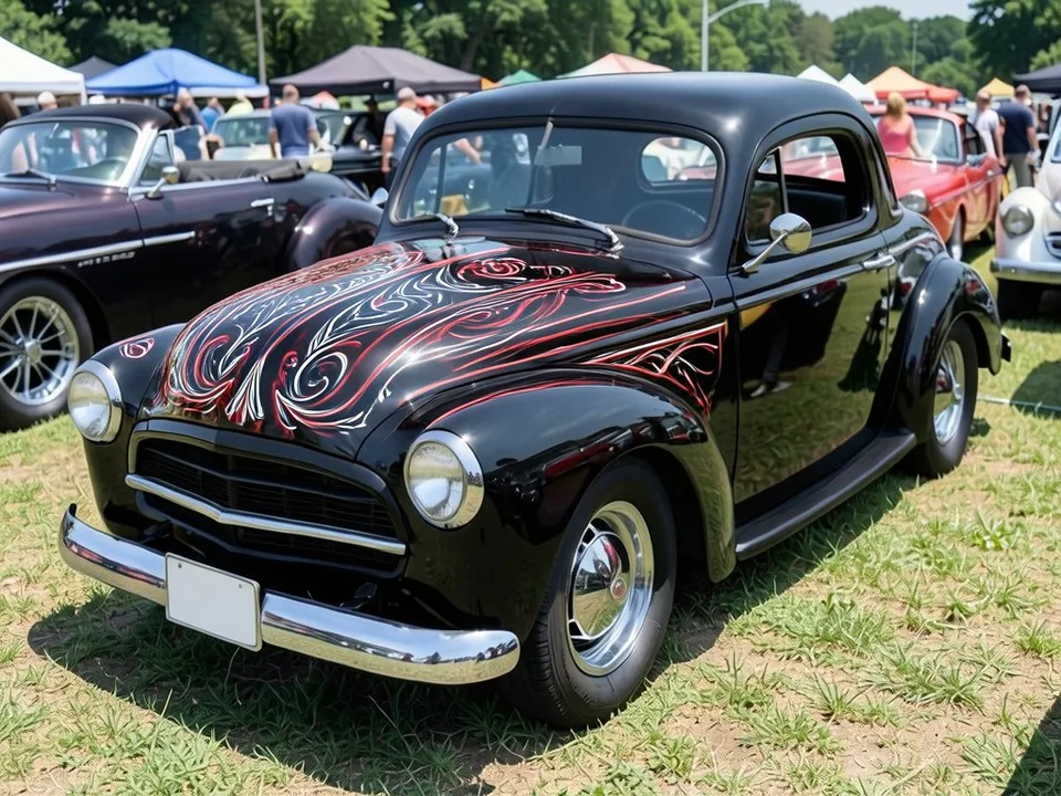 AI-drawn sample: the same coupe with red and white pinstriping scrolls on the hood