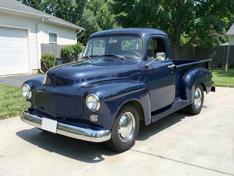 AI-drawn sample: a dark blue 1950s-style pickup on a driveway