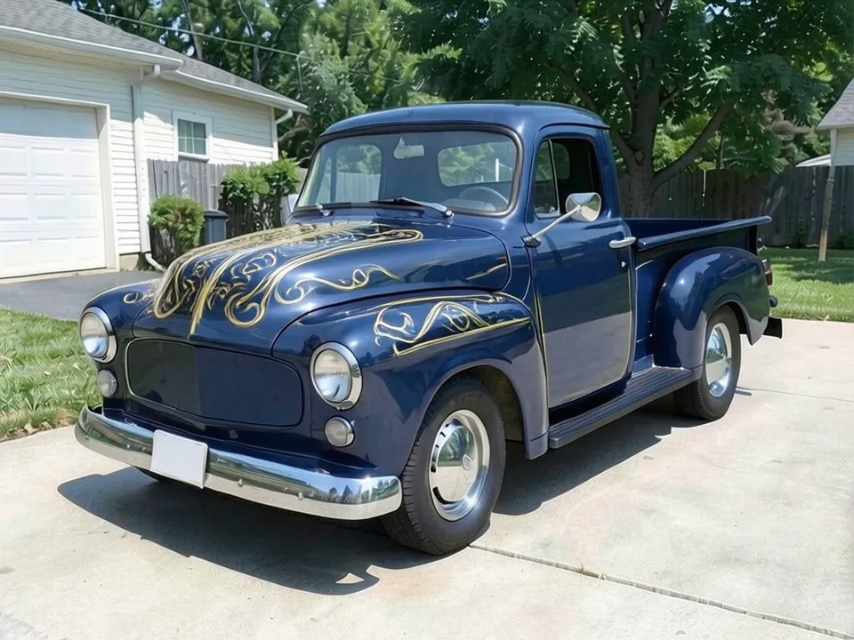 AI-drawn sample: the same pickup with gold pinstriping scrolls on the hood and front fender