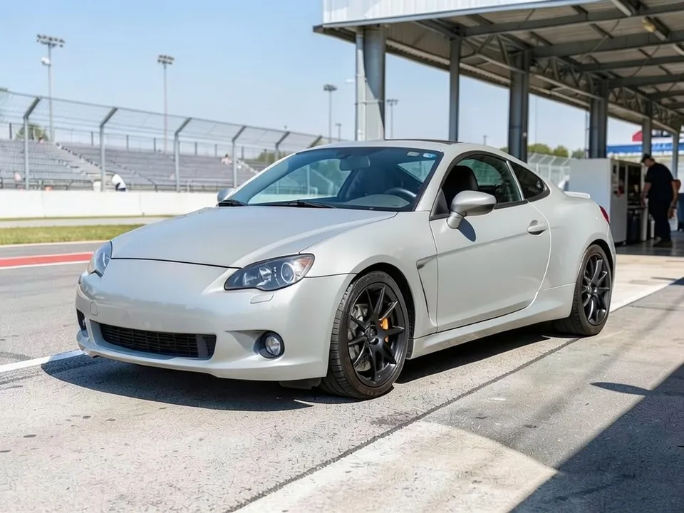 AI-drawn sample: a plain light gray two-door sports coupe in a racetrack pit lane