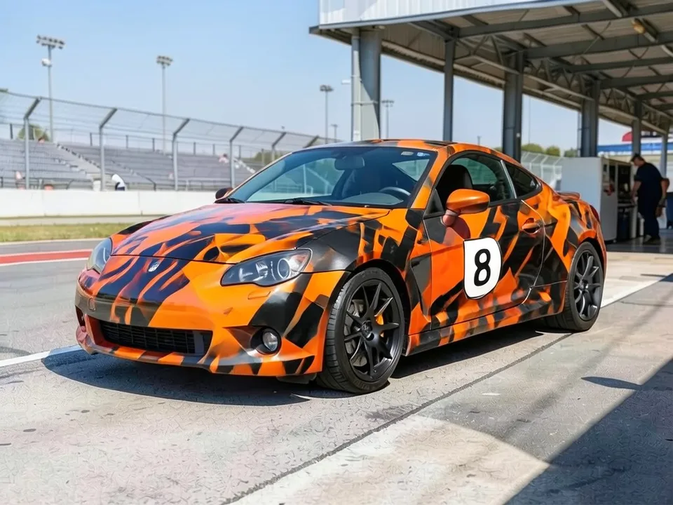 AI-drawn sample: the same coupe in an orange and black livery with race number 8