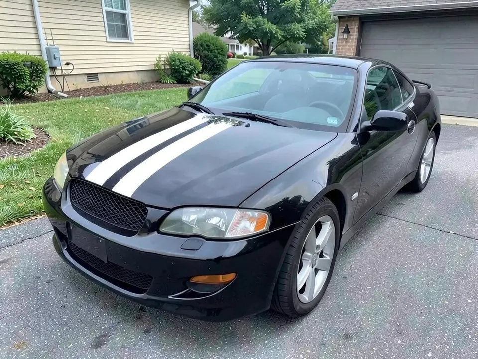 AI-drawn sample: the same black coupe with two wide white stripes on the hood