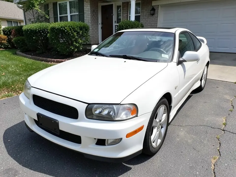 AI-drawn sample: a white two-door coupe seen from the front left corner, parked in a driveway