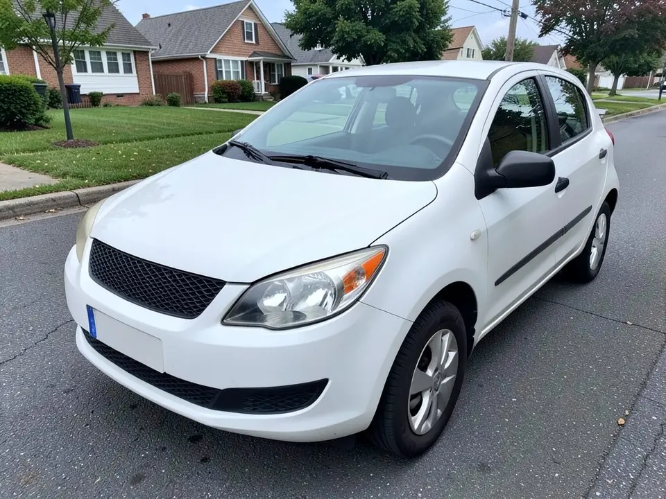 AI-drawn sample: a white hatchback seen from the front left corner, parked on a suburban street with houses and trees behind