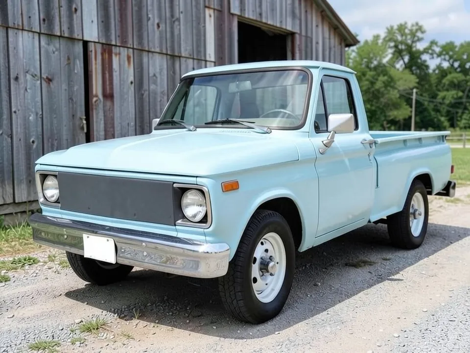 AI-drawn sample: a light blue 1970s-style pickup with white steel wheels by a barn