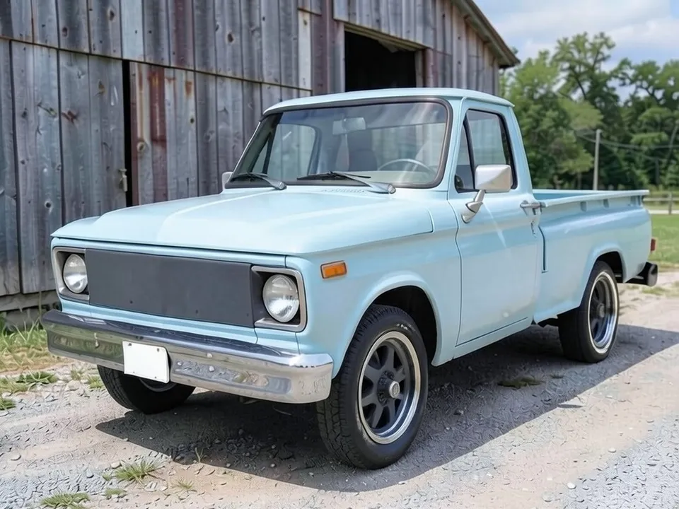 AI-drawn sample: the same pickup on charcoal slotted rally wheels with chrome trim rings