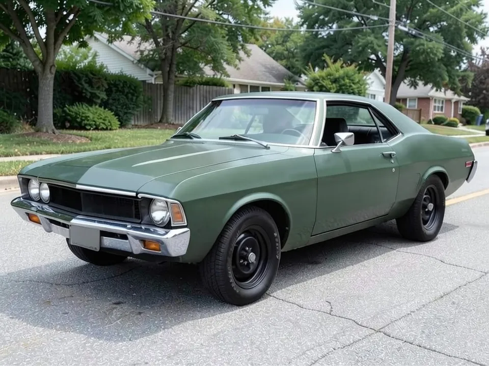 AI-drawn sample: a dark green 1970s-style coupe with plain black steel wheels on a street