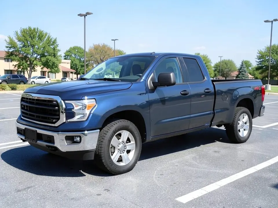 AI-drawn sample: a dark blue generic full-size pickup stand-in, crew cab with an open bed, on silver wheels in a parking lot