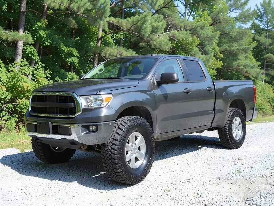 AI-drawn sample: the same pickup sitting much higher on very tall tires with deep tread blocks