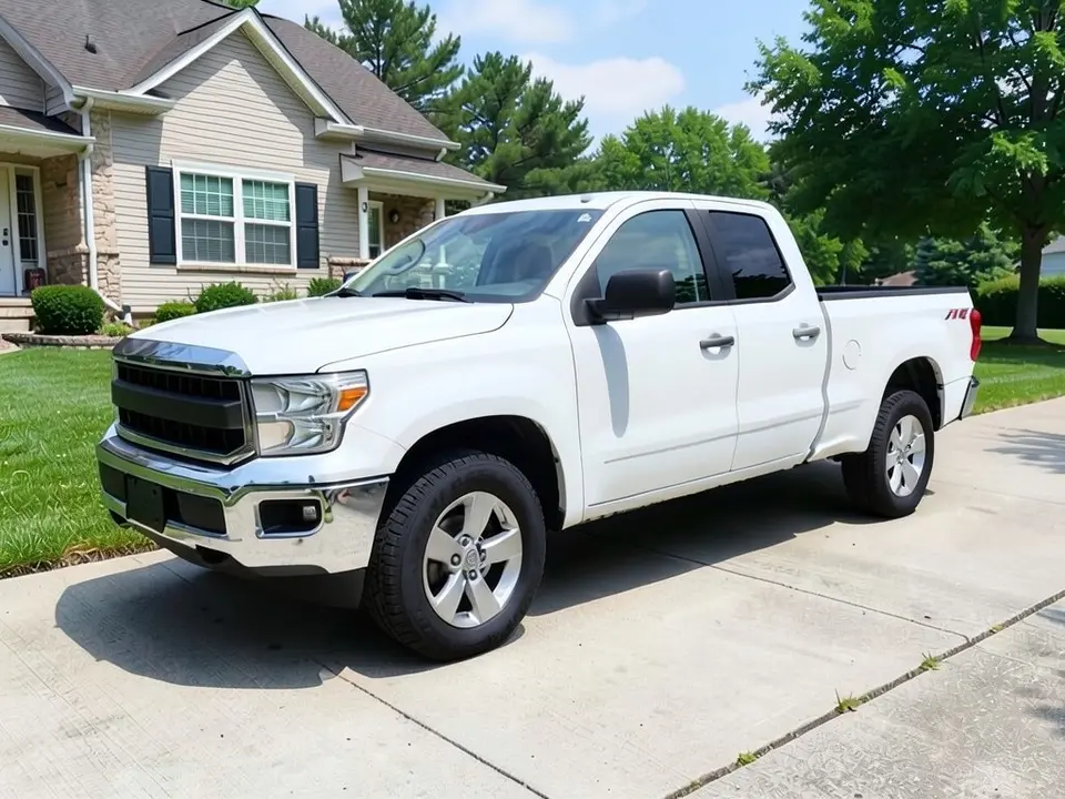 AI-drawn sample: a white generic full-size pickup stand-in, crew cab, on silver wheels parked on a concrete driveway in front of a house