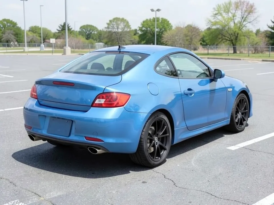 AI-drawn sample: a plain blue modern coupe with black wheels in a parking lot, seen from the rear three-quarter