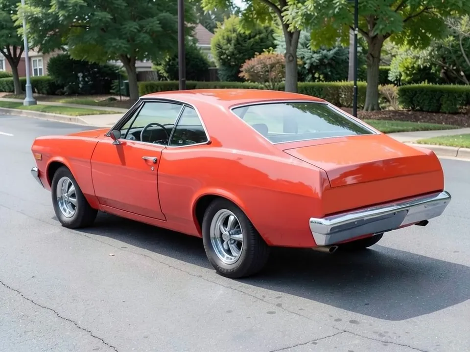 AI-drawn sample: a plain red-orange classic fastback with a chrome bumper and chrome wheels on a street, seen from the rear three-quarter