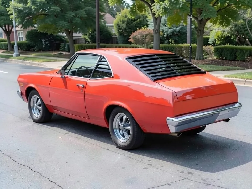 AI-drawn sample: the same fastback with black louvers over the rear window
