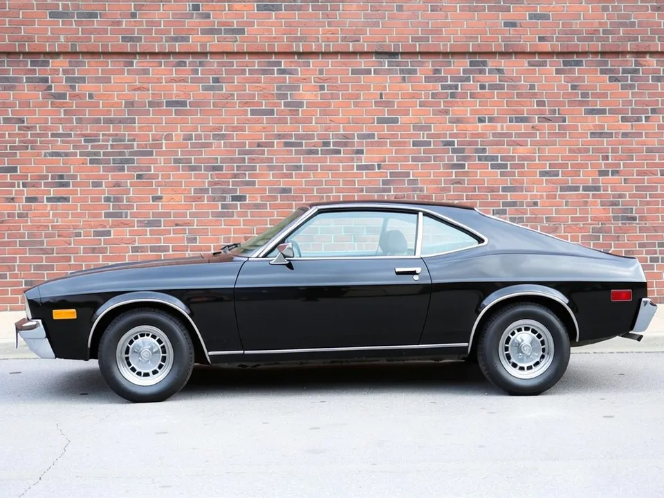 AI-drawn sample: a black fastback on chrome wheels in front of a brick wall, side view