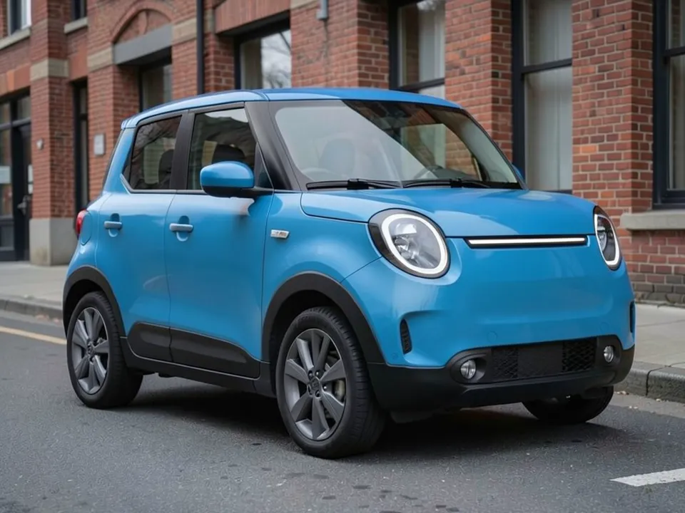 AI-generated sample: a blue compact electric SUV with round headlights parked on a street beside a brick building