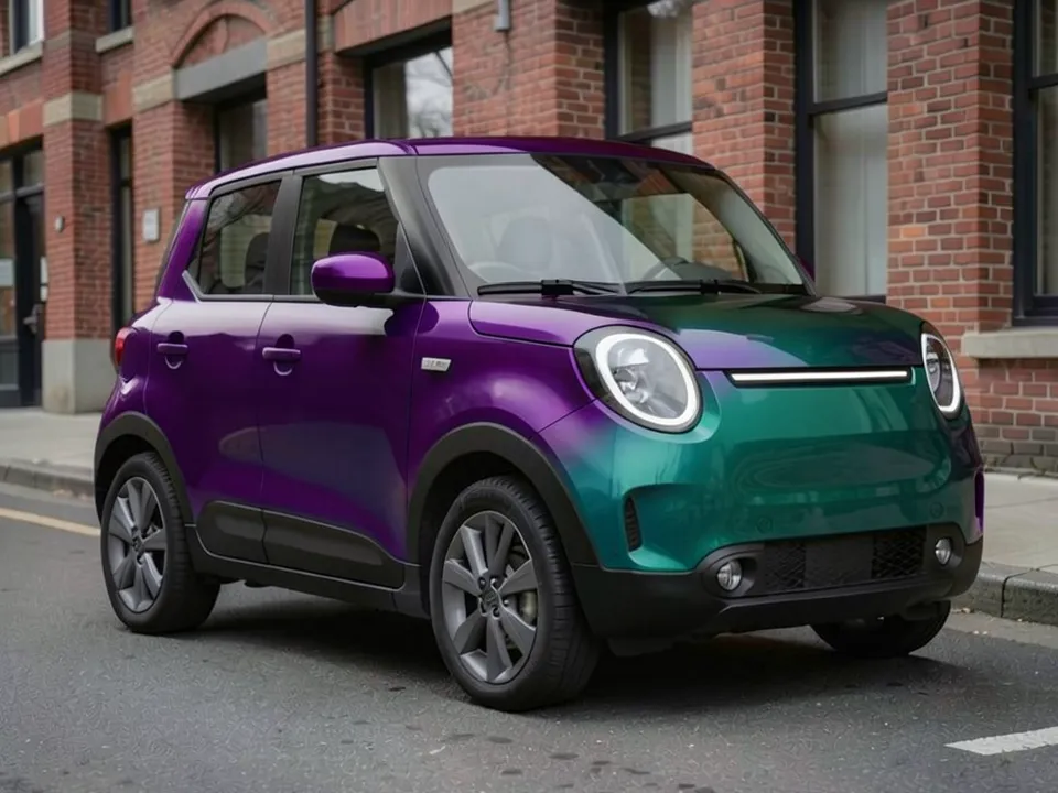 AI-generated sample: the same compact SUV wrapped in purple that fades to green-teal on the nose and front fender