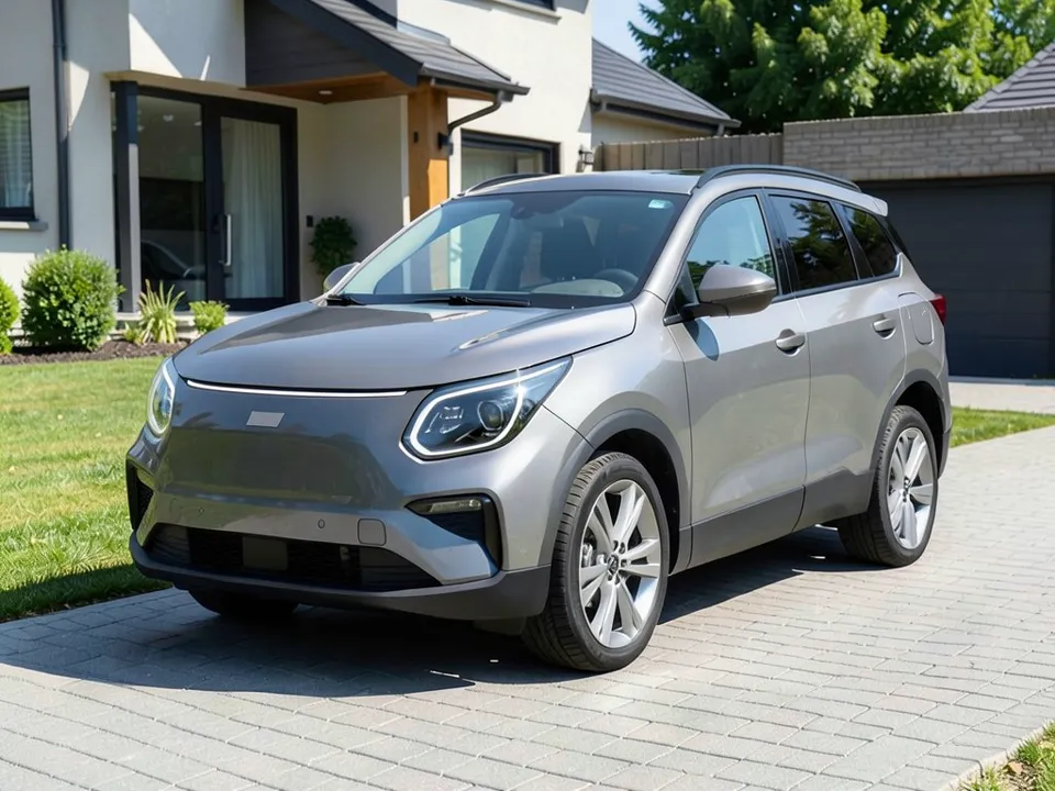AI-generated sample: a gray electric SUV with silver wheels parked on a paved driveway in front of a modern house