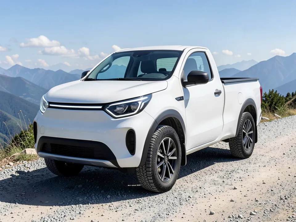 AI-generated sample: a white electric pickup with black wheel arch trim on a gravel road with mountains behind