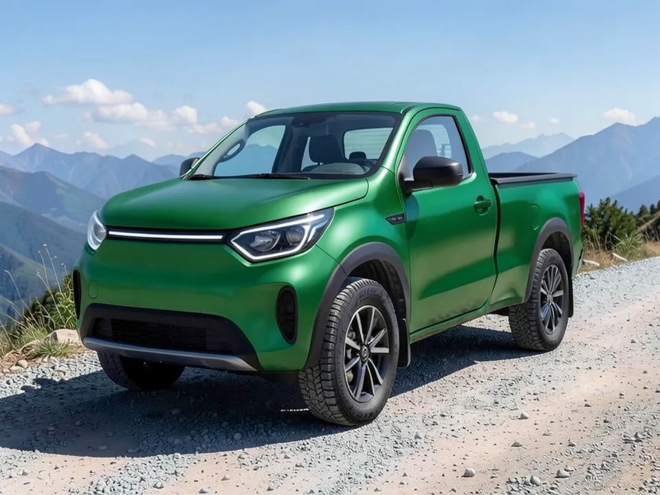 AI-generated sample: the same pickup with its white body panels wrapped in green, the trim and lights kept and the wheels a shade lighter