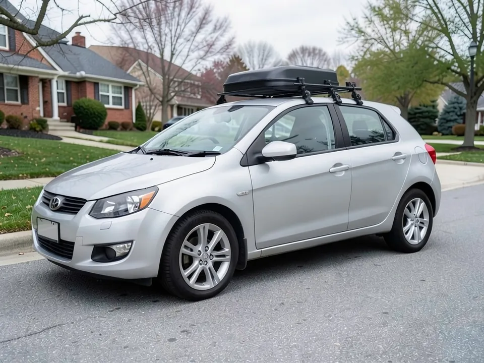 AI-generated sample: the same silver hatchback with crossbars and a black rooftop cargo box