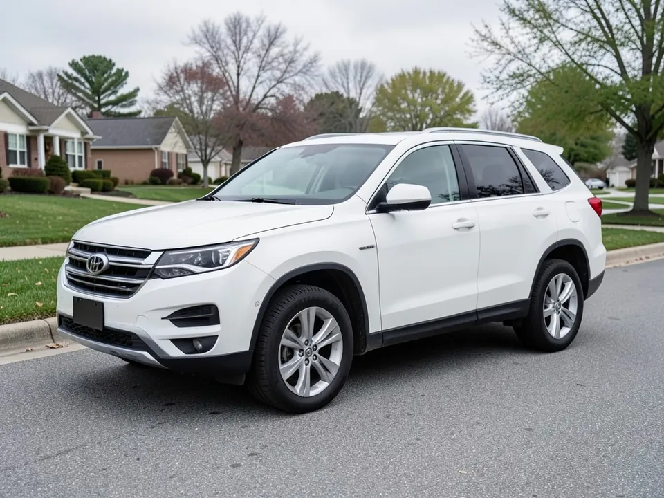 AI-generated sample: white SUV in a three-quarter view with a bare smooth roof
