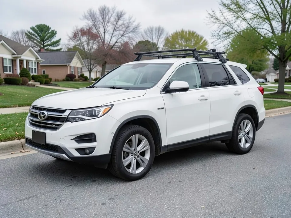 AI-generated sample: the same white SUV with a black roof rack with crossbars