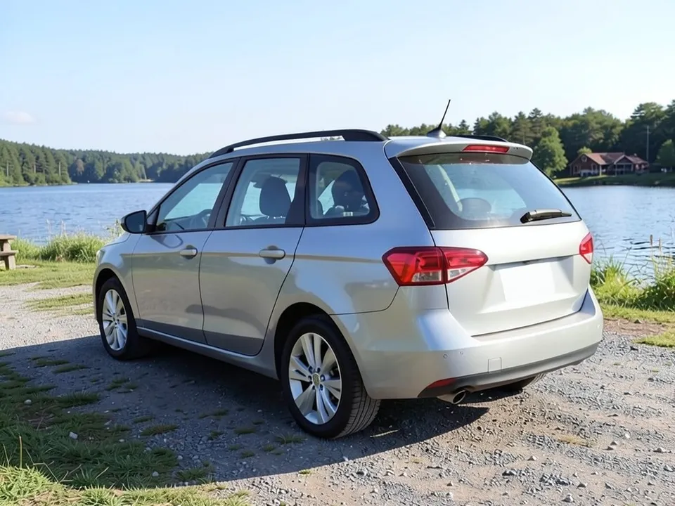 AI-drawn sample: a plain light gray station wagon with roof rails and nothing on the roof, parked at a lakeside campground