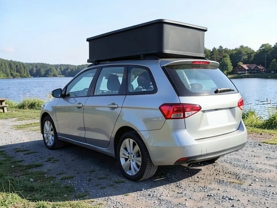 AI-drawn sample: the same wagon with a closed black hard-shell rooftop tent on the roof