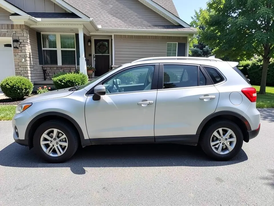 AI-drawn sample: a silver generic compact SUV stand-in, side-on, with a silver roof and roof rails, parked in a driveway in front of a house