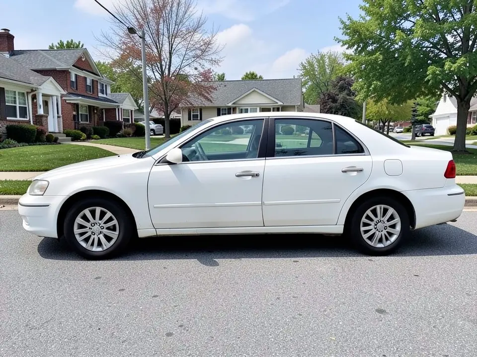 AI-drawn sample: a white generic four-door sedan stand-in, side-on, with a white roof, parked on a suburban street with houses behind