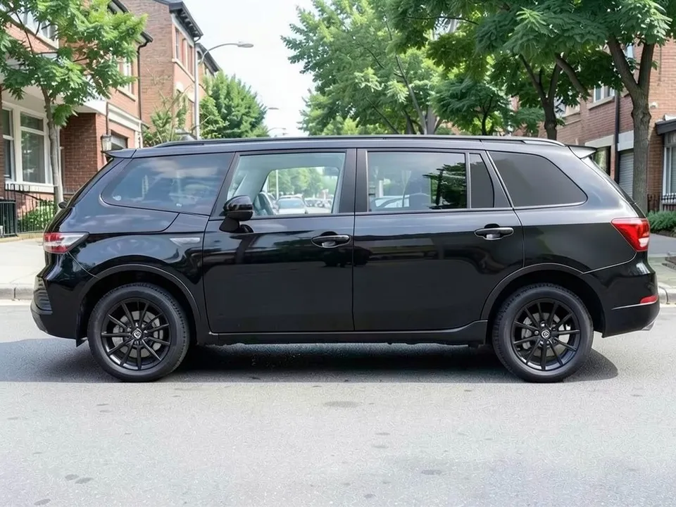 AI-drawn sample: a plain black full-size three-row SUV with black wheels and nothing under the doors, seen from the side on a street